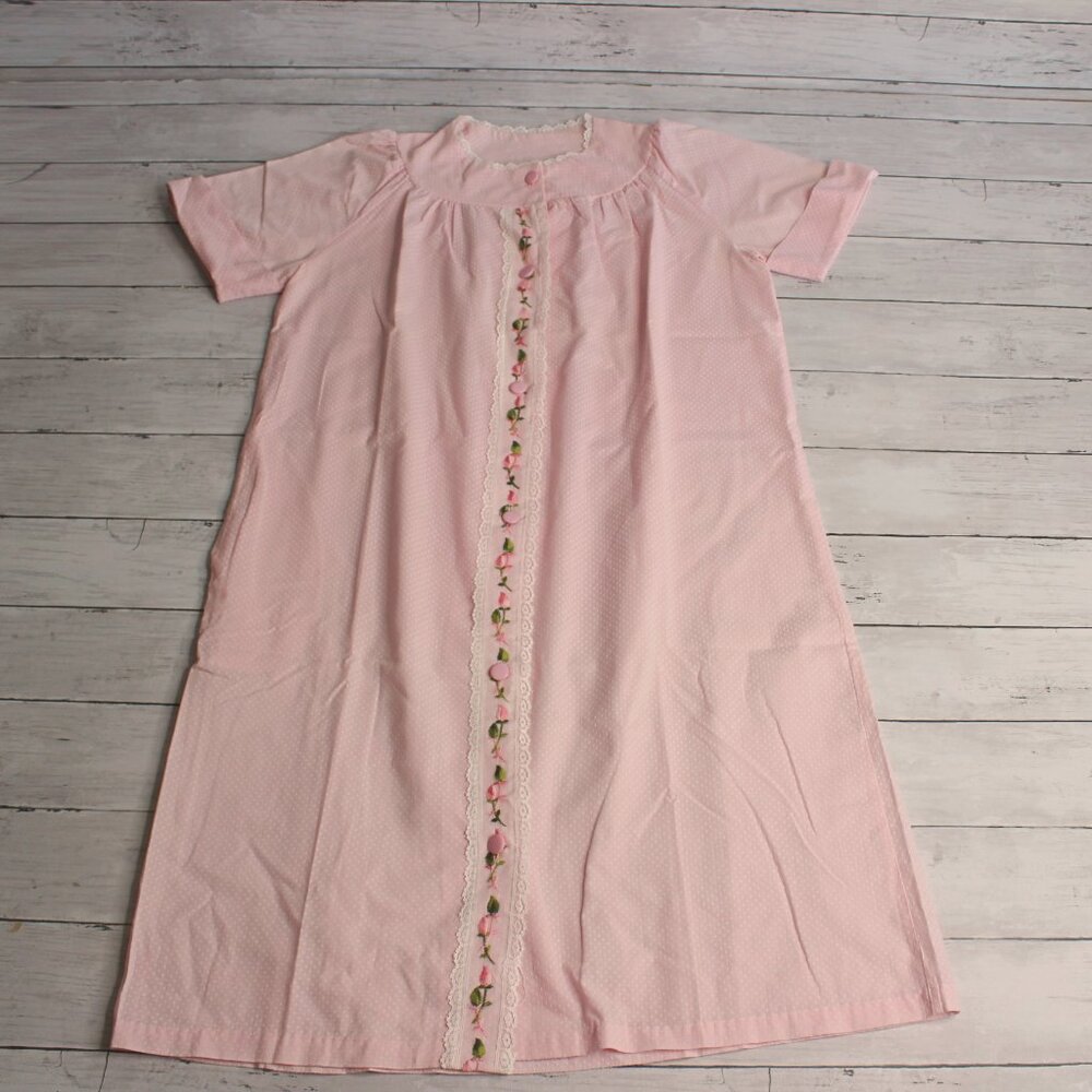 Vintage Women's Housecoat Dress Robe Size S Pink Roses Lace 1960's